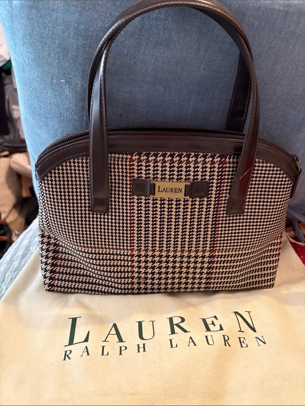 Lauren Ralph Lauren Brown and Cream Houndstooth Shoulder Bag